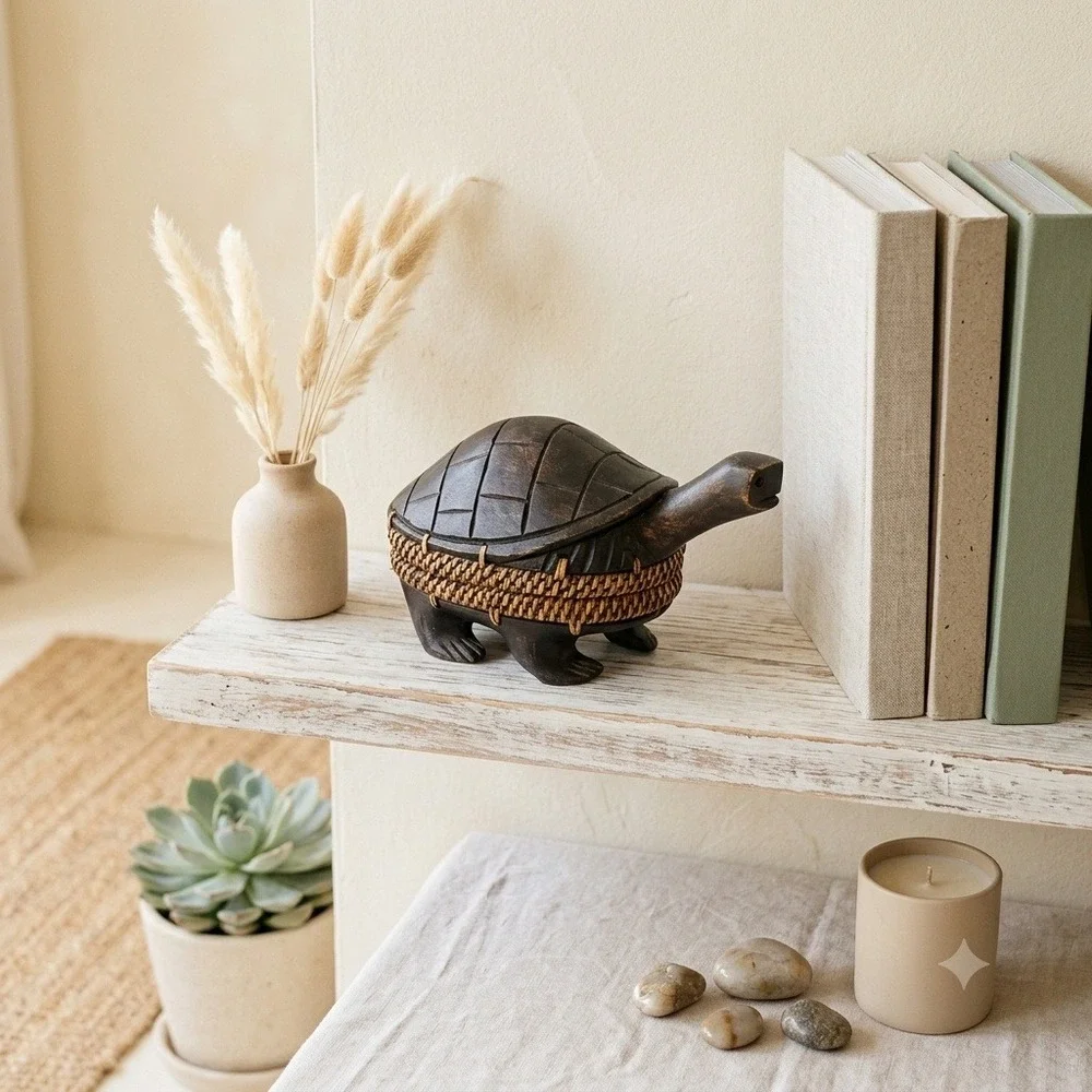 Vintage Hand-Carved Wood Turtle Trinket Box with Woven Rattan Accents‎
